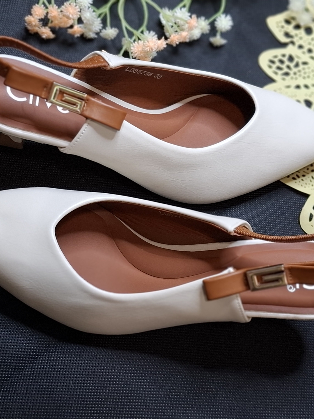 White Pointed Slingback Flats with Tan Accent - Picture 6 of 8
